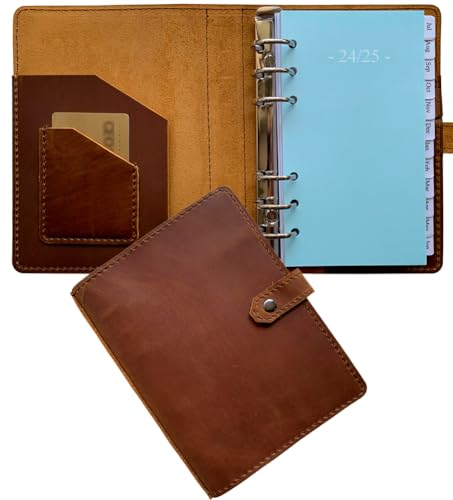2025-2026 Wochenplaner Leder - A6 Echtleder Binder Planer für Damen und Herren, Innentaschen und Stifthalter, persönliche Größe