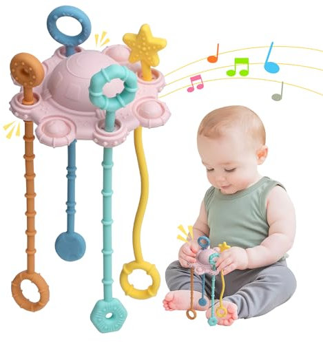 ETETOO Montessori-Toys - Giocattolo Montessori con Corda da Tirare - Realizzato in Silicone Alimentare al 100% con Funzione sonaglio Integrata e Design Facile da Pulire (Rosa)