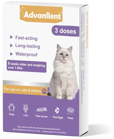 Advanllent Flea and Tick Prevention for Cats, Flea and Tick Treatment for Cat Kitten, Natural Essential Oil Spot On, Flea & Tick Control, Over 1.5 Pounds, 3 Doses