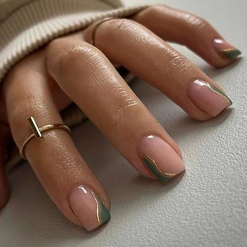 24pcs Short Square Emerald Green Gold Swirl False Nails - Gold Foil, Press On, Removable Glue-On, Full Cover, Women's Brides Nail Art Accessories