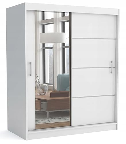 Brent - Kleiderschrank mit Spiegel 160cm Breit Windsor Tomy I Schlafzimmerschrank mit 2 Kleiderstänger und Einlegeböden für Kleidung I Kleiderschrank Weiß