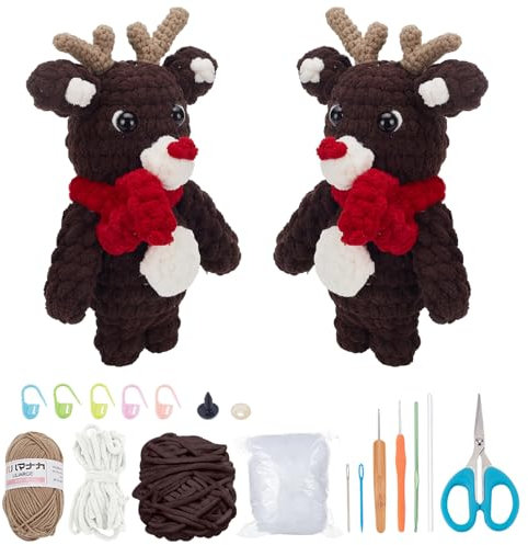 ORIGACH 2 Set Weihnachts-Rentier Häkelset Für Anfänger, DIY Starter Häkelset Für Erwachsene Mit Schritt Für Schritt Videoanleitung