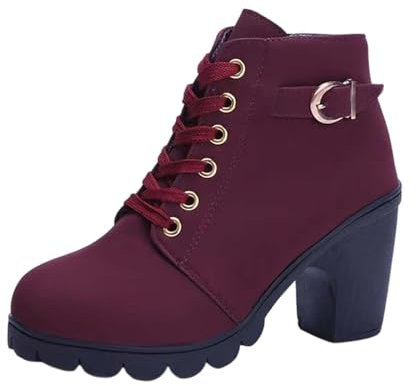 Generico Stivaletti Estivi Bassi Donna Stivali Bassi Donna Stivaletti Corti in PU Tinta Unita alla da Donna Stivaletti Corti Stringati con Tacco da Donna Stivali Biker Donna Invernali (Red, 40)