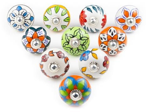 ETHNICITI 10 x Multicolour Flower Handpainted Round Ceramic Door Knobs Cupboard Drawers Cabinets Wardrobe Assorted Vintage Shabby Chic Kitchen Bedroom Living Furniture Dresser Pulls Handles - Design 2