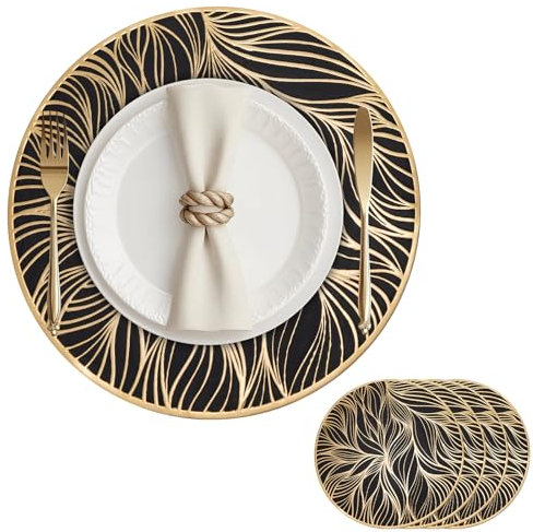 Tischsets 4er Set Platzsets Rund PVC Abwaschbar Hitzebeständige 38cm Blattmuste Platzdeckchen rutschfest Tischmatte Set für Party Hochzeit Restaurant Weihnachtstag Schwarz Gold