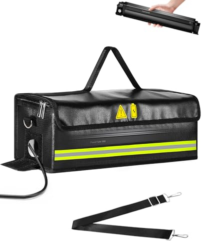 Feuerfeste E-Bike Akku Tasche mit Kabeldurchführung, silikonbeschichtetes Glasfasergewebe, Reißverschluss und Klettverschluss, Tragegriff und abnehmbarer Schultergurt, Reflexstreifen, 51 x 16,4 x 14,3