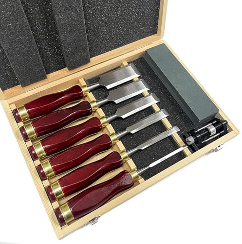GZKDKZB 6-teiliges Holzmeißel-Set für die Holzbearbeitung, Schnitzmeißel-Set mit Holzbox, Schleifführung, Schleifstein, rasiermesserscharfen CR-V 60-Stahlklingen für Tischler und Handwerke