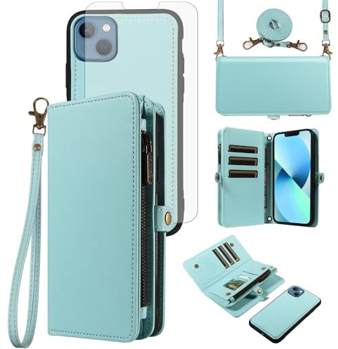 Asuwish Phone Case for iPhone 13 6.1 inch Zipper Wallet Detachable Cell Cover with Screen Protector Crossbody Lanyard Strap Flip Card Holder Slot iPhone13 5G i i-Phone i13 iPhone13case Green