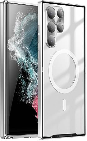 for Samsung Metal Magnetic Case Cover with Camera Lens Protection, Streamer Frosted Magic Shield Metal Phone Shell Silver
