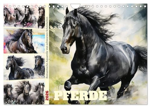 Pferde. Romantische Aquarelle von schwarzen Schönheiten (Wandkalender 2026 DIN A4 quer), CALVENDO Monatskalender: Ein Jahr voll feuriger Pferdepoesie und schwarzer Eleganz (CALVENDO Tiere)