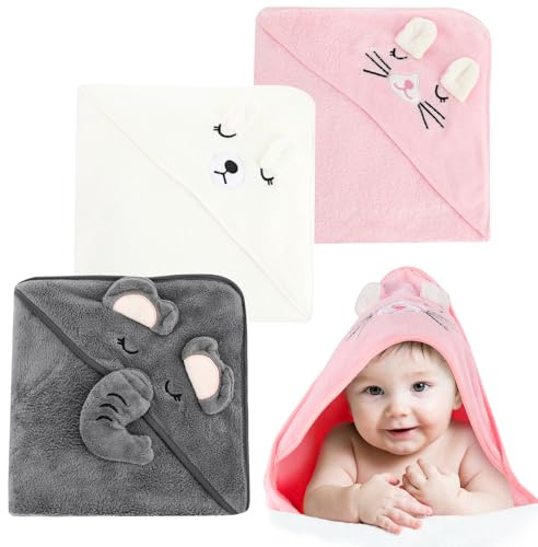 Halinuia Cape de Bain Bébé à Capuche,3pcs Serviette Bebe Naissance,80X80cm | Super Absorbantes Serviettes et Sorties de Bain,Cape de Bain pour Piscine, Après la Douche ou Le Bain,Poudre,blanc,Grisâtre