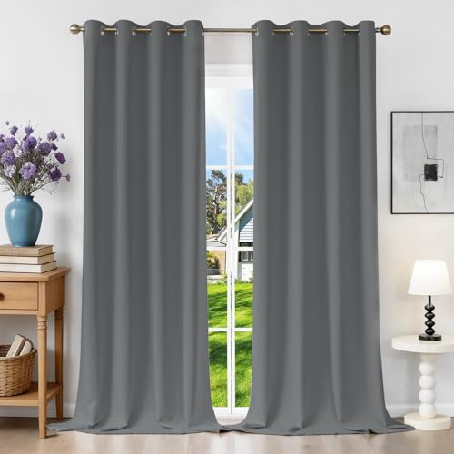 Runyéla Verdunklungsvorhänge mit Ösen Gardinen 2er Set, Thermovorhang Hitzeschutz H 245 x B 140, Vorhänge Blickdicht Hellgrau, Ösenvorhang für Schlafzimmer Wohnzimmer Blackout Curtain
