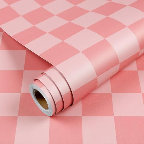 YENHOME Papier Peint Adhesif Damier Rose 44.5x300cm Papier Peint Autocollant Mural Rose Géométrique pour Chambre de Fille Salon Film Adhesif pour Meubles à Motif Damier Sticker Porte Placard