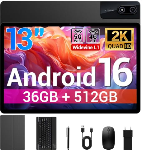 BEYNIVAN Tablette 13 Zoll Android 16 Tablet mit SIM-Karte mit 4G LTE / 5G WiFi,36Go + 512Go / 11580mAh / 13 + 8MP / Octa-Core/Face ID / BT5.0 / GPS/Tablet mit Tastatur und Stift,Black