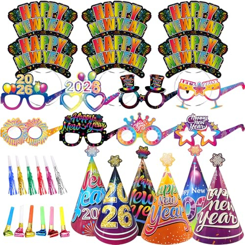 LECONCES Regenbogen-Dekoration für Silvester 2026, Neujahrsdekorationen 2026, Neujahrsparty-Hüte, Stirnband, Brille, Partygebläse für Silvester