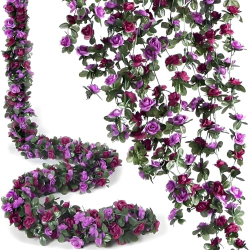 5 Pcs 8FT Flower Garland Artificial Hanging Flowers Fake Rose Vines Ivy Silk Faux Flowers for Decoration/Anniversary/Wedding Birthday/Christmas/Home Decor/Garden Decor (Purple)