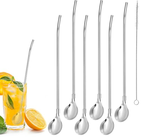 TIESOME 6 cucharas con pajitas, pajitas de acero inoxidable, cucharas largas, cucharas reutilizables, 2 en 1, con cepillo de limpieza, cuchara para latte macchiato, granizado, cóctel
