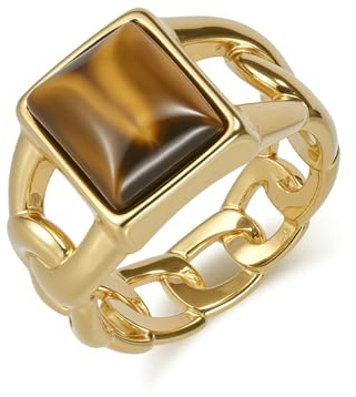 RDSGYZ Edelstahl Ringe Männer, Herren Ring Gold Silber 14MM Siegelring mit Achat Tigerauge Gothic Ringe Rocker Freundschaftsringe