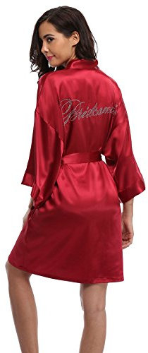 Vogue Bridal Damen Braut Brautjungfer Robe Satin Nachthemden Kurz Hochzeit Party Kimono Nachtwäsche mit Strass, Brautjungfer Rot, Small