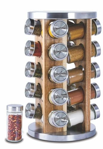 Orii Drehbares Gewürzregal aus Akazienholz, 20 Gläser, inkl. Gewürze, Naturholzdesign