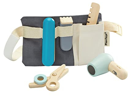 PlanToys Friseur Set Kinder - Friseurkoffer Kinder mit Friseur Zubehör - Kamm, Haartrockner, Haarschneidemaschine, Schere, Glätteisen und Hüfttasche