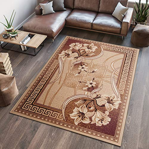 TAPISO Atlas Teppich Kurzflor Blumen Geometrisch Griechisch Streifen Muster Beige Braun Wohnzimmer Schlafzimmer Vintage Modern ÖKOTEX 140 x 200 cm