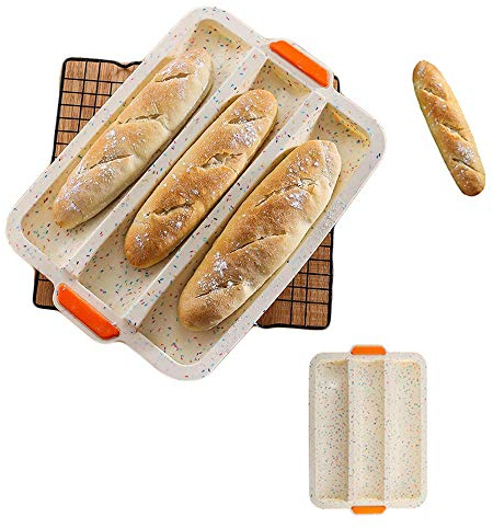 Moule a Baguette en Silicone Moule Cuisson Baguettes - Moule à Pain pour Baguette Anti-adhésif, Bâton de Pain Français Poêle à Pain pour Placer et Cuire 3 Baguettes, 34X24cm