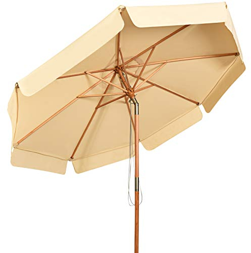 GOPLUS Sombrilla Ø300cm de Madera y Tejido de Poliéster, Parasol Inclinable y Plegable con Protección Solar y Impermeable, Sombrilla de Manivela para Exterior Playa Terraza Jardín Piscina (Beige)