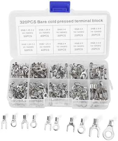 320Pcs Non-Insulated Ring Terminal & Fork Connector Kit, Copper Fork OT/UT Cable Terminals Wire Crimp Connectors