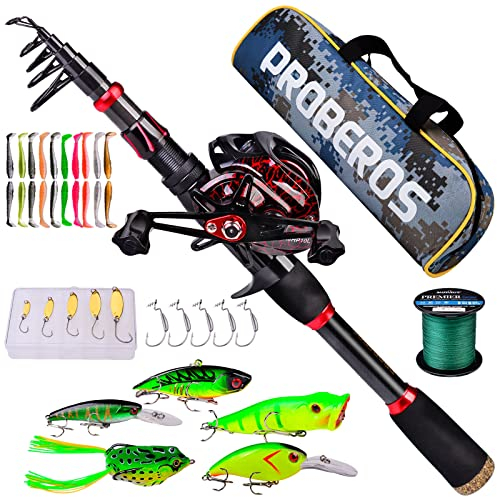 Angelrute und Rolle Combo, 2,1 m Teleskop-Spincast-Rute mit Linkshänder-Baitcast-Rollenkombinationen, Meer, Salzwasser, Süßwasser, Eisbarsch, Angelausrüstungs-Set Angelruten Kit