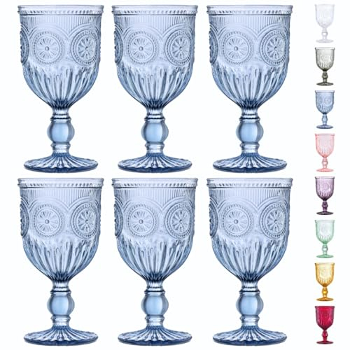 Bicchieri da vino blu, set di 6 calici in vetro, 283,5 g, lavabili in lavastoviglie, realizzati a mano, bicchieri da vino vintage o da acqua o per chi ama i bicchieri blu