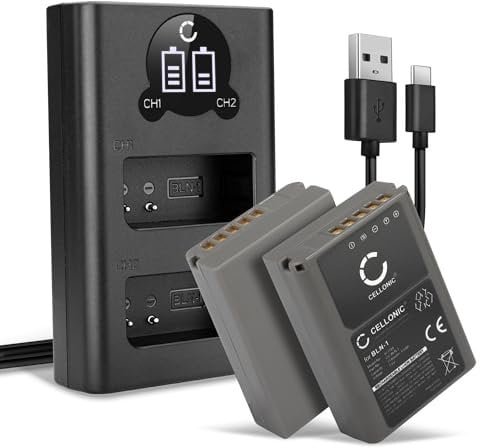 CELLONIC, Battery for Camera compatible with Olympus BLN-1, OM-D E-M1, E-M5 Mark II, PEN‑F (7.4V, 1140mAh) 2 Pieces + Dual Charger