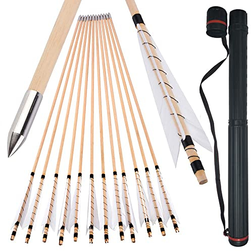 SHARROW 6/12P Holzpfeile 32 Zoll Handarbeit Pfeile für Zielscheibe Bogenschießen Erwachsene Jagd Pfeile mit 5 Truthahn Federn für traditioneller Bogen Pfeil Recurvebogen Langbogen (12, Pfeil+Köcher)