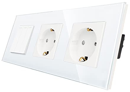 CNBINGO Solecke Doble con interruptor de luz, con placa de vidrio, moderno interruptor de pared Blanco de vidrio cristalino, con material fluorescente, interruptor de 1 bandas de 1 vía, 10A 250V