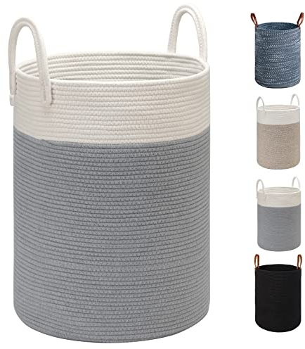 TOTANKI Großer Wäschekorb aus Baumwollseil - 40cm (T) x 50cm (H) - Zusammenklappbarer gewebter Korb mit Ledergriffen zur Aufbewahrung von Kleidung, Windeln, Spielzeug (Weiß/Grau)