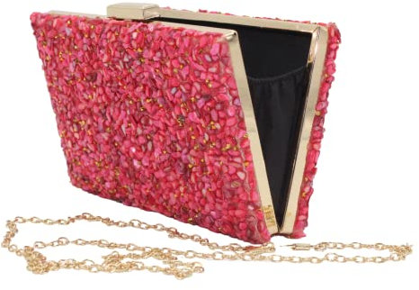 la monsita Borsa da festa Fucsia con Pietreria, Pochette con glitter e catena dorata da appendere alla spalla, fucsia