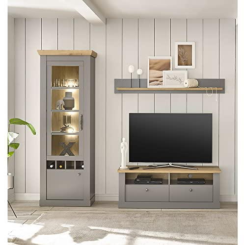 Lomadox Wohnwand Set im Landhaus Stil mit LED Beleuchtung in grau mit Artisan Eiche Nb., B/H/T ca. 236/201/44 cm