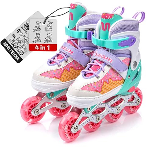 meteor verstellbare 4‑in‑1 Kinder Inline-Skates – Rollschuhe Inliner Schlittschuhe – ABEC‑7 PU‑Räder Aluminiumrahmen – Größen XS 25‑28 S 30‑33 M 34‑37
