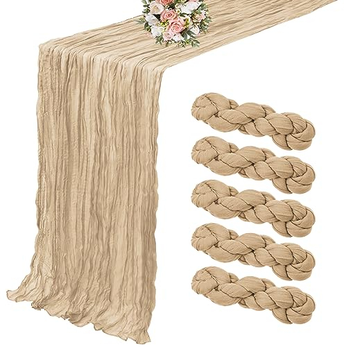 5er-Pack Käsetuch-Tischläufer, beige Tischläufer, 90 x 300 cm, Tischläufer, rustikale Gaze-Tischläufer für Hochzeit, Tischdekoration, Hochzeitsbogen, Party-Dekoration