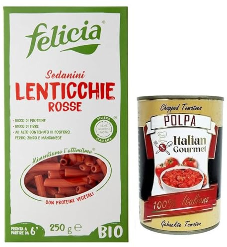 Italian Gourmet Sedanini di Lenticchie Rosse Pasta senza glutine 1 x 250g | Aus roten Hülsenfrüchten, biologico e fonte di proteine, natürlich, Gesamtnettogewicht 250 g + Kostenlos Polpa 400g