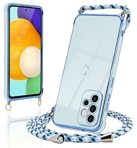 Micoden Handykette kompatibel mit Samsung Galaxy A52/A52 5G,Samsung A52s 5G Ultra dünn Kameraschutz Herz Love Design Galvanik TPU Silikon Bumper Kordel zum Umhängen Handyhülle mit Band,Blau