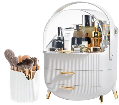 SIOOUI Makeup Organizer Box, Clear Cover Cosmetic Display Case with Two Tier Storage Box and Brush Storage Box, Skincare Organizers for Bathroom Countertop, Bedroom Vanity Desk and Travel (White)
