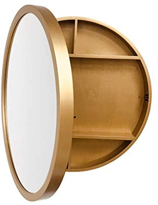 Badezimmer-Spiegelschrank, Rund, Massivholz, Schlafzimmer, Wandmontage, Kosmetikspiegelschrank, 2-in-1, Badezimmer-Aufbewahrung (Gold2, 50 cm)