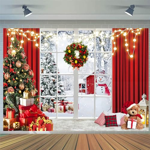 2.1x1.5m Foto Hintergrund Weihnachten Fenster Winter Schnee Szene Weihnachtsbaum Fotografie Hintergrund Familie Kinder Portrait Fotoshooting Urlaub Neujahr Party Dekorationen Banner Photo Booth Props