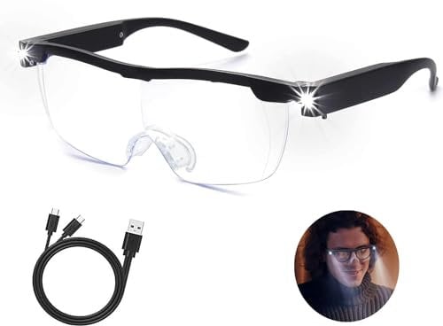 Magnifying Glass with Light USB Rechargeable, Hands Free Led Magnifying Glasses for Hobbies Reading Craft Close Work, 250% Magnification Anti Blue Light Head Magnifier Spectacles Eyeglasses