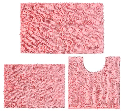 Badematte, Rutschfeste Badematten Sets 3 Stück, Chenille 20*32inch, 16*24inch Badteppich und 20*20inch U Form Toilette Teppich, weiche und saugfähige Badematte Set für Bad, Schlafzimmer(Rosa)