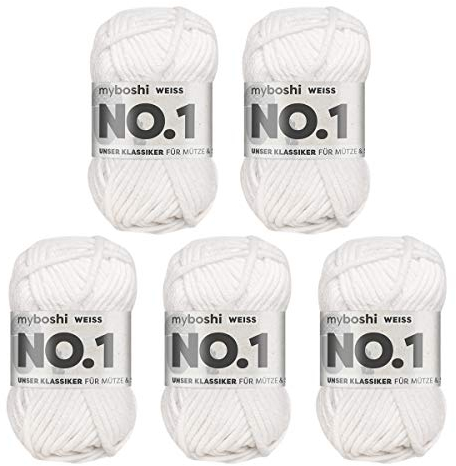 myboshi No.1 Wolle zum Häkeln und Stricken, Schnellstrickgarn, langlebige Mützenwolle, Strickwolle, Häkelwolle, mulesing-frei, 50g, Ll 55m Weiß (Weiß) 5 Knäuel