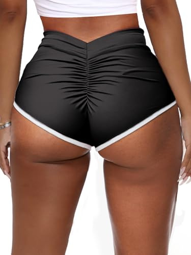 HAWILAND Hotpants Damen - Gym Shorts V Back Booty Scrunch Butt Micro Shorts Push Up Sexy Kurze Leggings Schwarz S