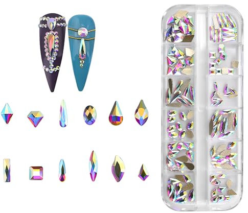 Jollin 120 dijes de cristal con parte trasera plana, piedras preciosas para arte de uñas, 1 caja de cristal AB multiformas