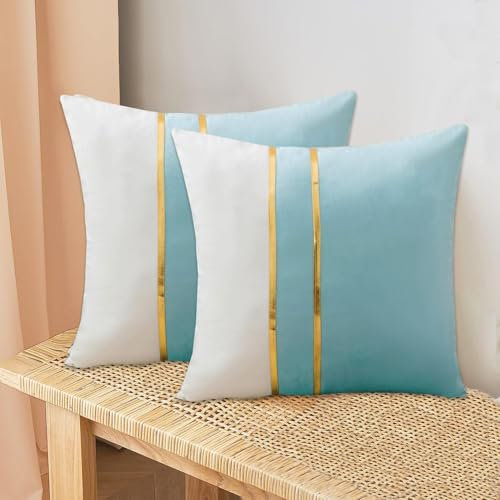 XIEJINJIA 2er Set Samt Kissenbezug mit Gold Leder Kissenhülle Sofakissen Dekorative Dekokissen Zierkissenbezüge für Couch Schlafsofa Wohnzimmer Schlafzimmer 45 x 45 cm Blau/Weiß